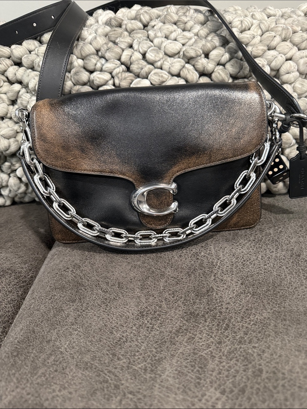 Coach Two-Tone Black and Brown Leather Saddle Shoulder Bag with Silver Chain
